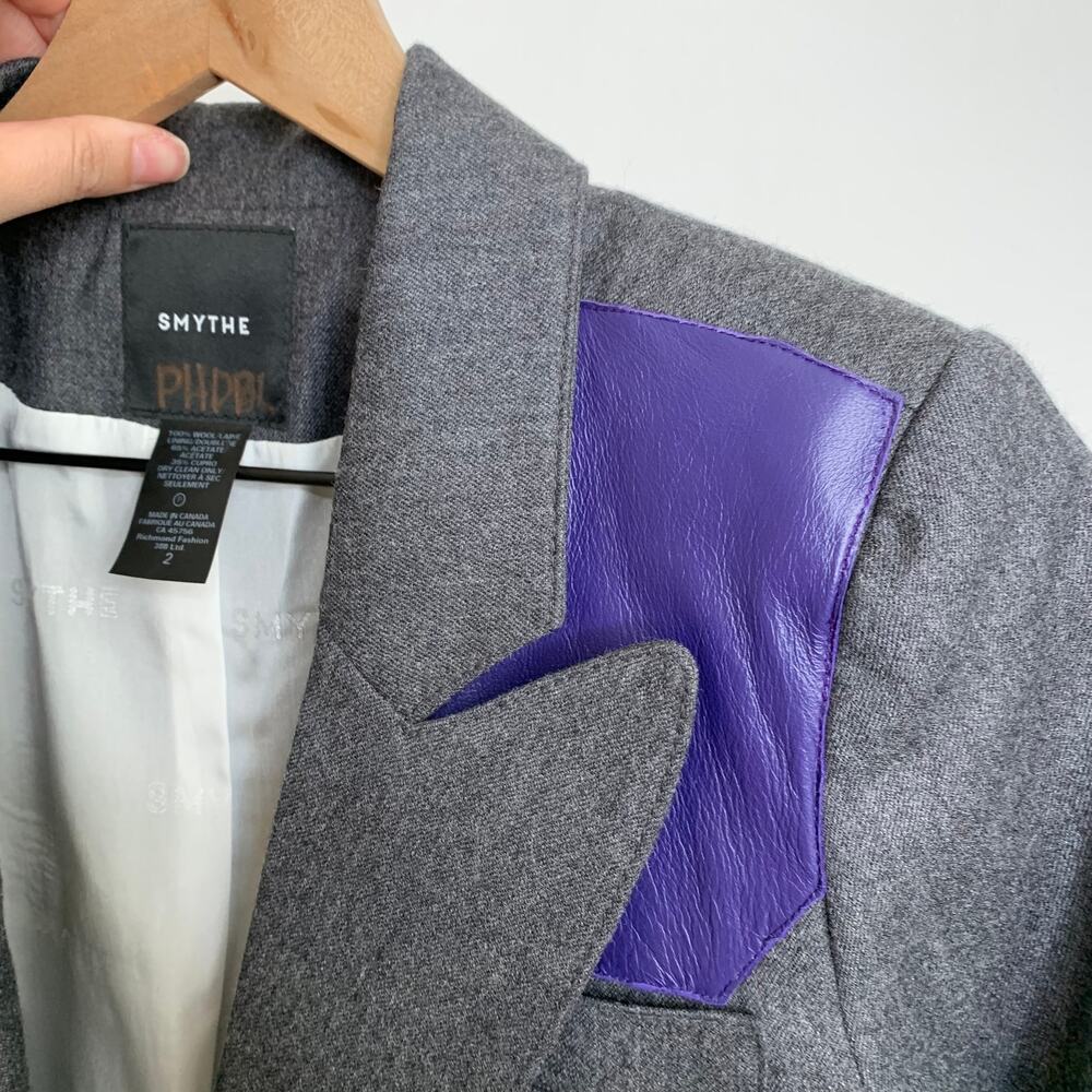 Smythe Tailored Blazer Charcoal Wool Blazer Purple Contrast Panels Womens 2 - Picture 9 of 16